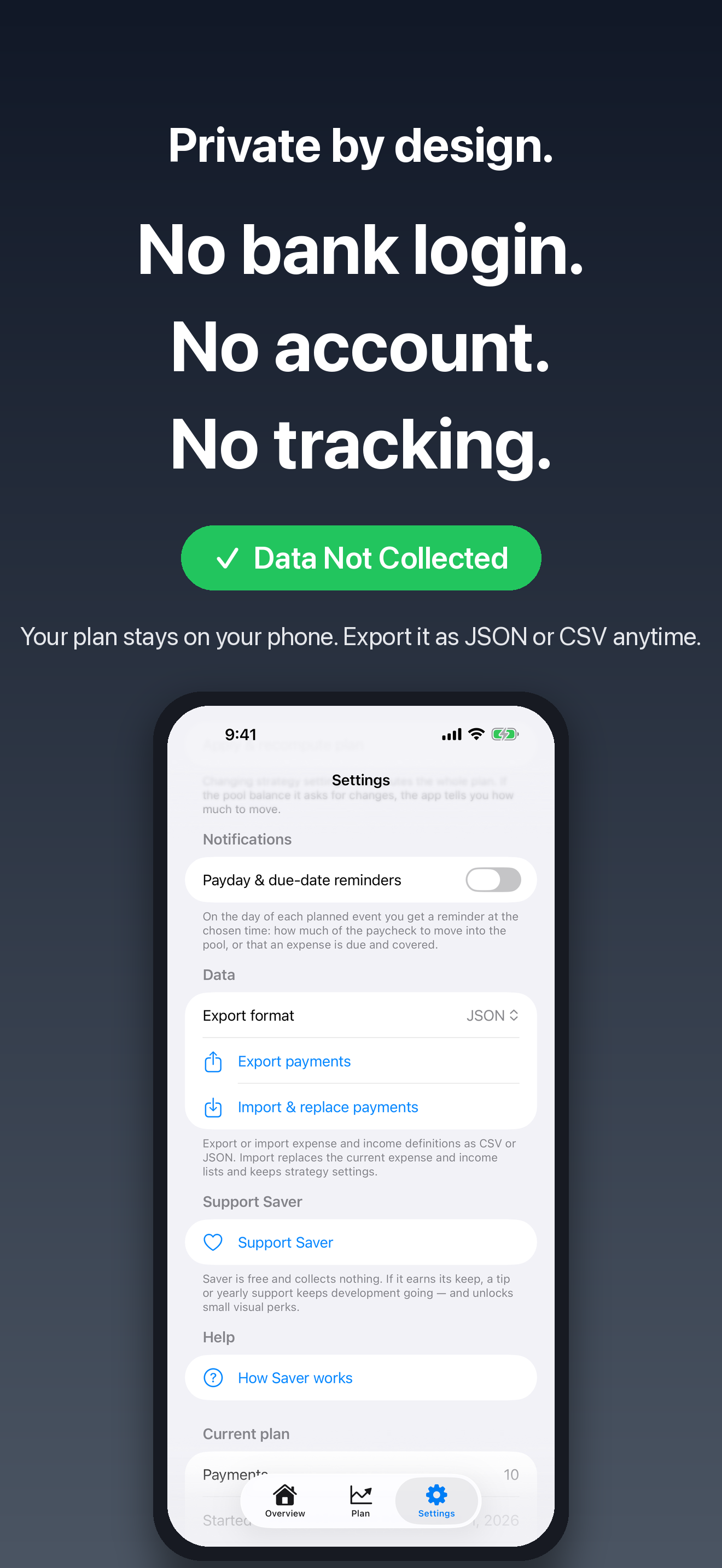 Saver privacy screenshot showing no bank login, no account, no tracking.